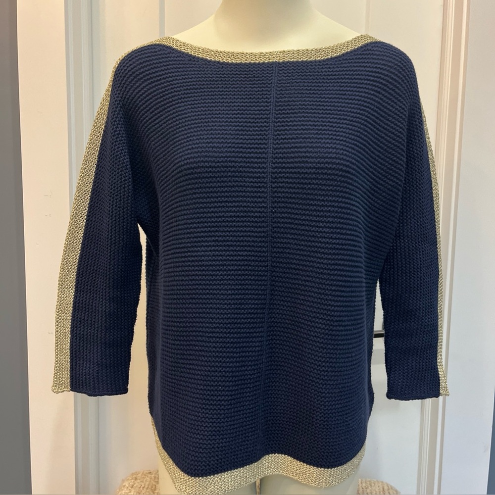 LILLY PULITZER Open Knit Sweater Deona Cotton Navy Gold Pullover Boat‎ Neck Sz M